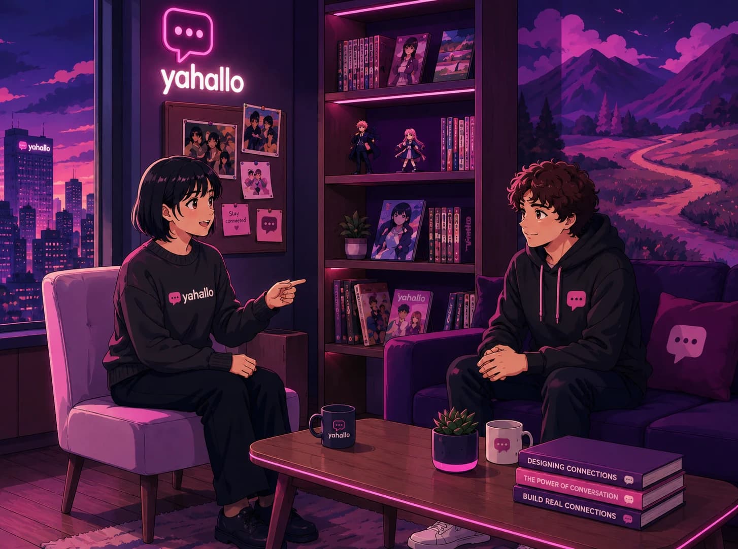 Anime ve manga dolu bir odada sohbet eden iki kişi